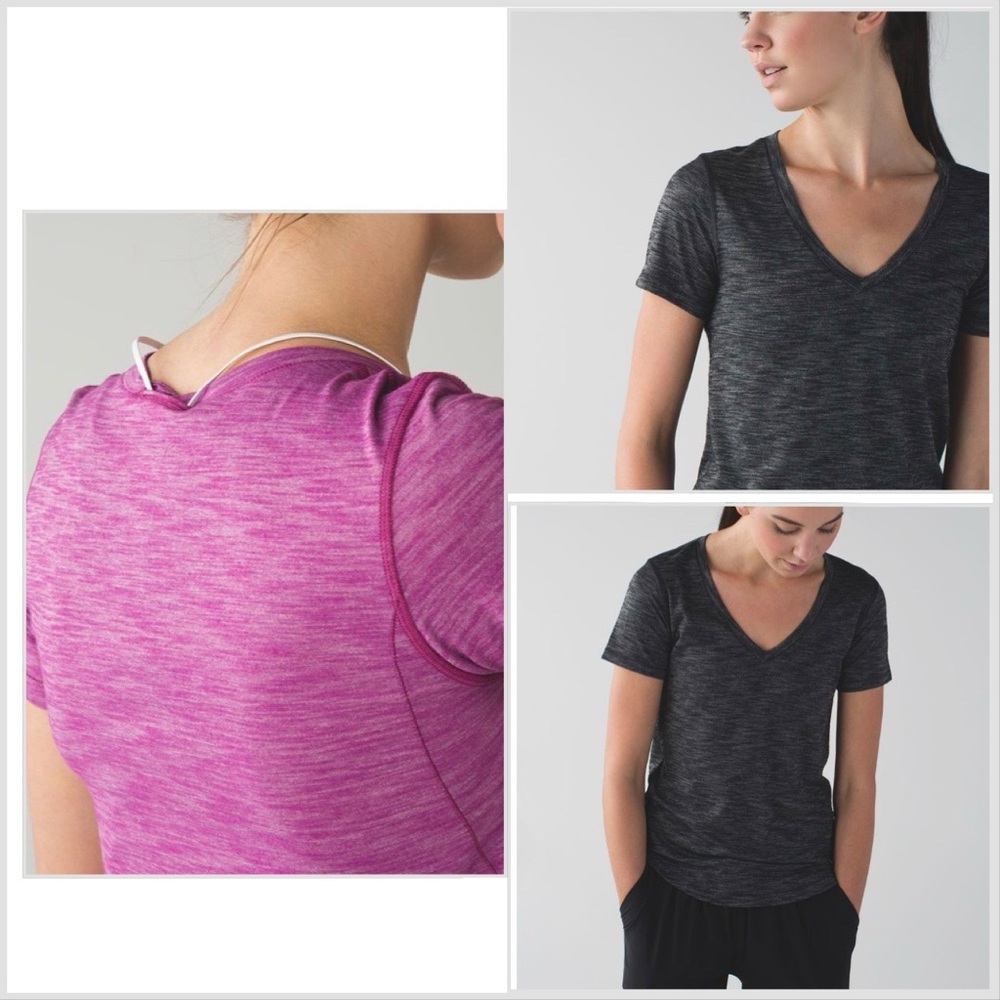 Lululemon What The Sport Tee Gray Short Sleeves Deep V Neck Size 4 Back Opening